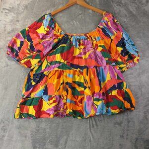 Terra&Sky‎ Women'XXL Yellow multicolored Puff sleeve Peasant Mlikmaid Floral